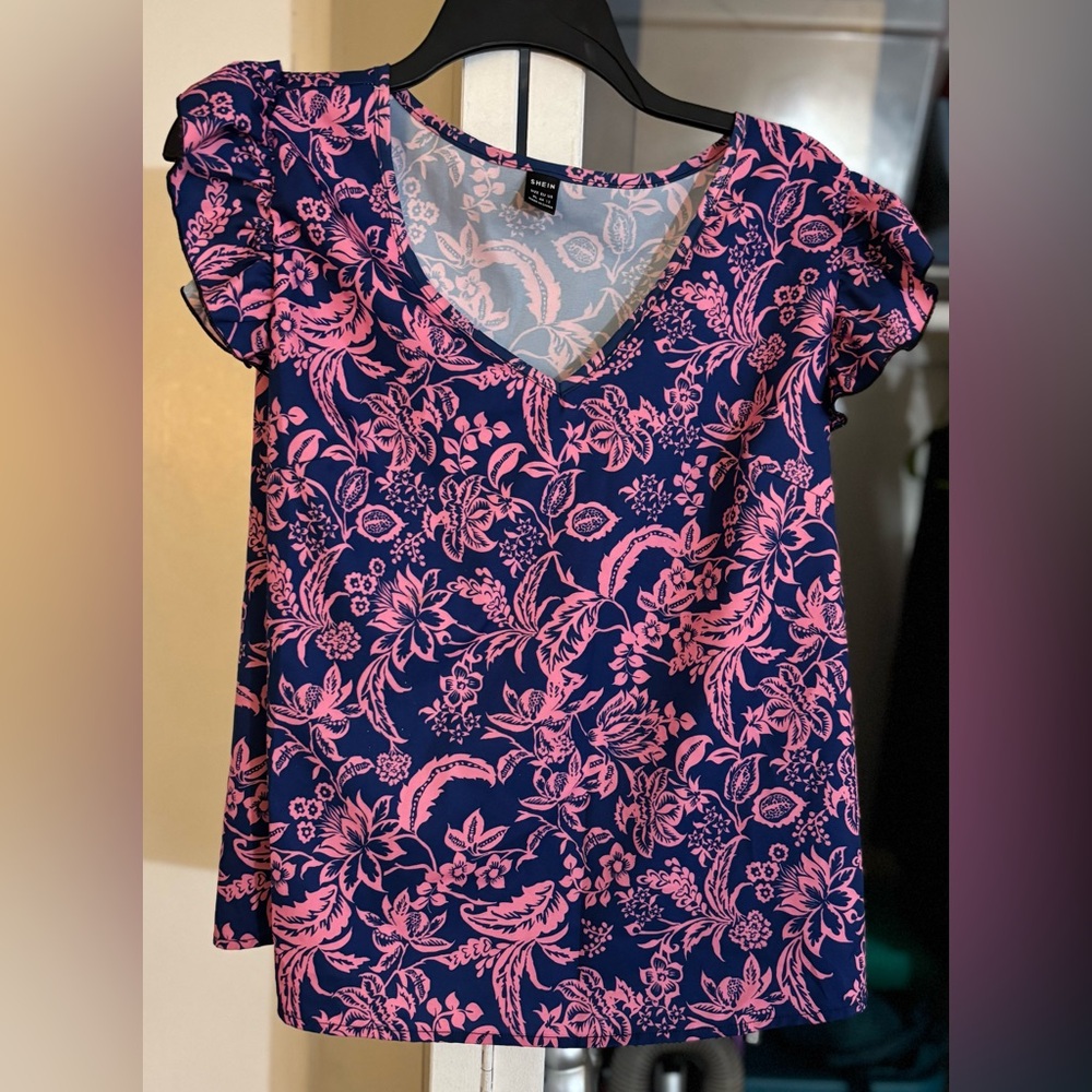 Xl SHEIN Floral Pink and Blue Women's Top with ruffle sleeves